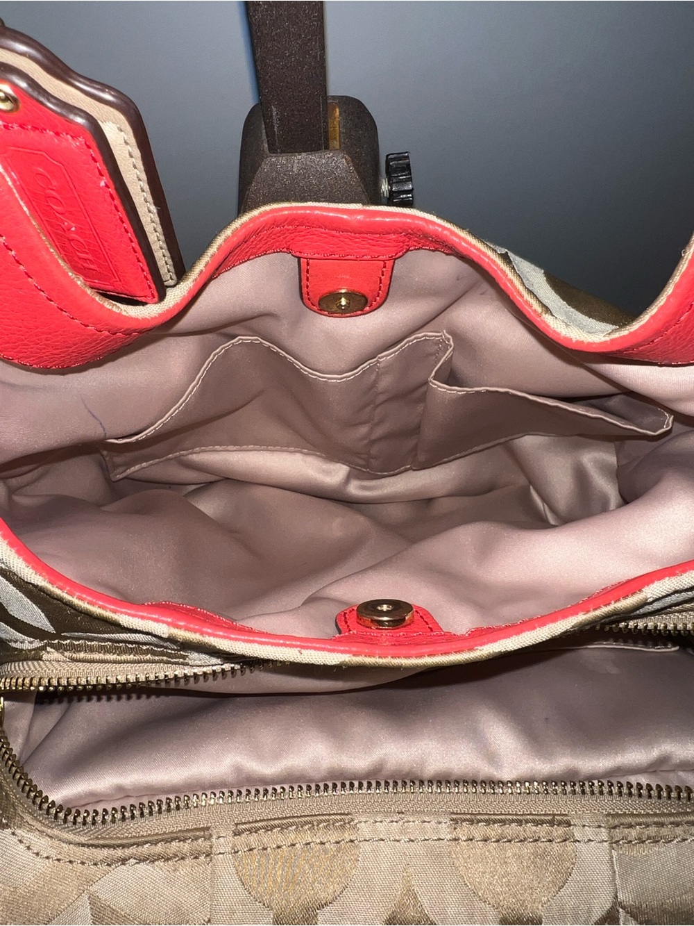Coach Madison Op Art Maggie Hobo Bag – Khaki/Coral - Picture 11 of 14